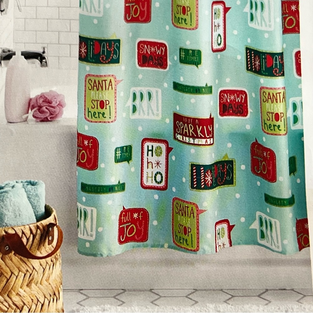 Holiday Time Green Typography Polyester Shower Curtain, 72 in x 72 in
